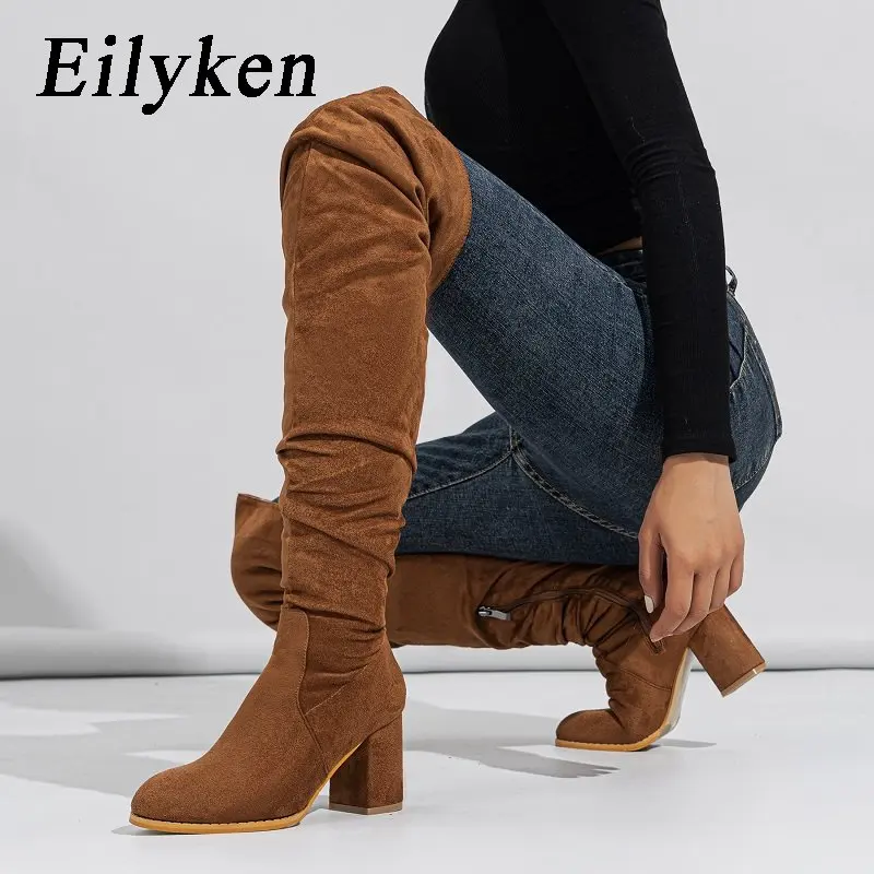 

Eilyken/женские ботфорты из флока на молнии в уличном стиле модные свадебные вечерние туфли на высоком каблуке современные высокие ботинки