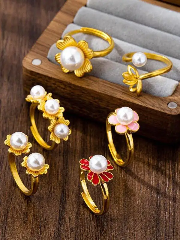 

Faionable Simple Sle Women's Ring with Drip Oil Flower Design Fake Pearl Embedded Sand Gold Long Lasting Color Jewelry