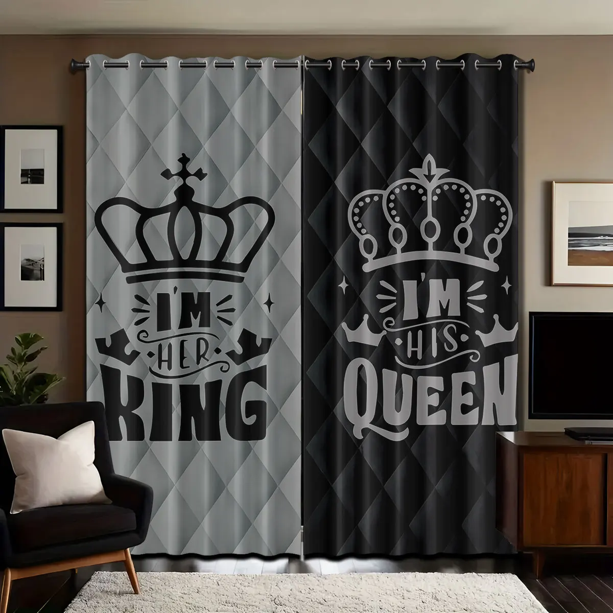 2pcs Pink Black King Queen Crown Curtains Romantic Couple Quote Window Drapes Light Blocking Thermal Insulated For Bedroom
