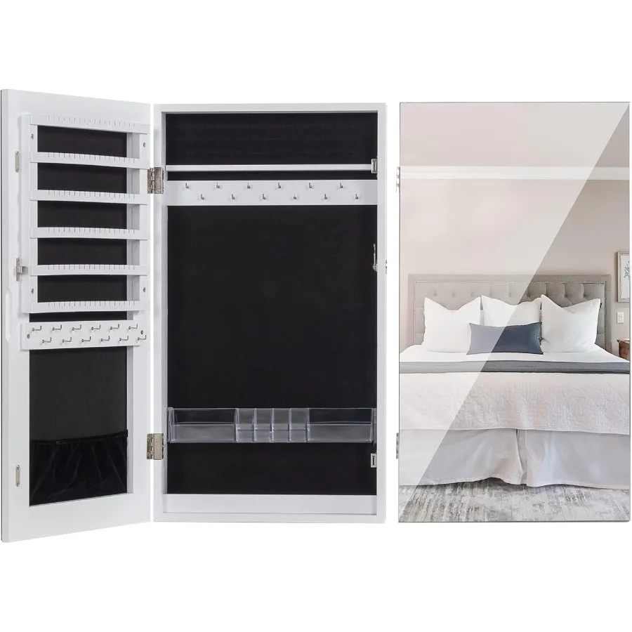 

Lockable Jewelry Cabinet Armoire with Frameless Mirror Wall/Door Mounted Space Saving Jewelry Display Organizer with Lipstick C