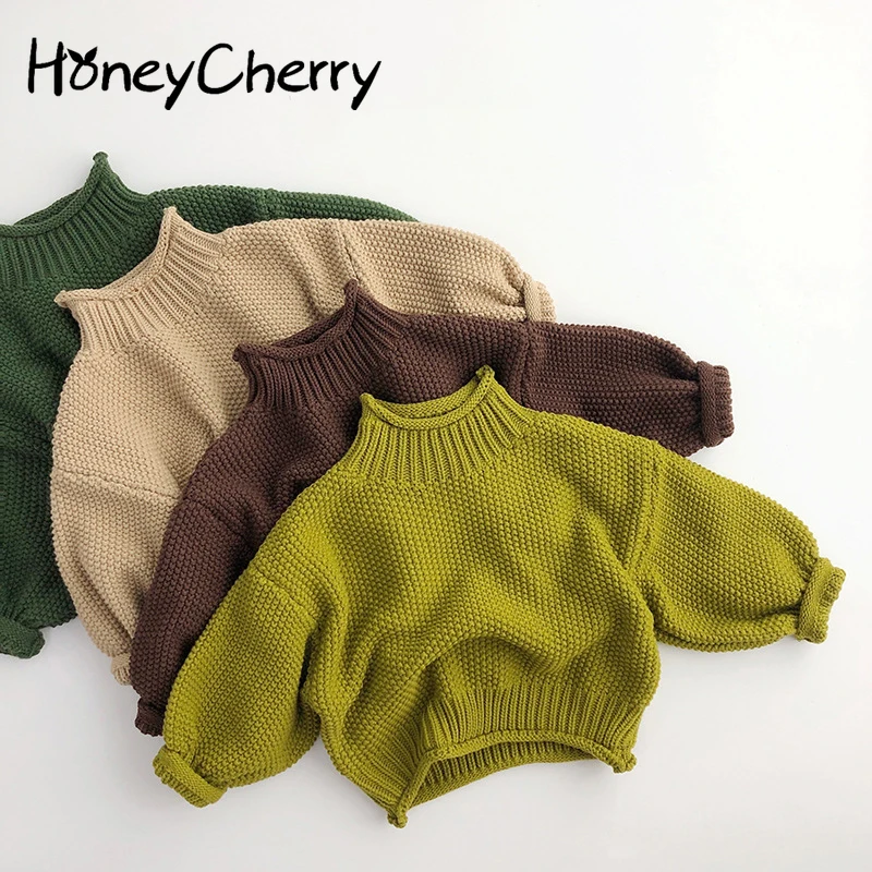 HoneyCherry Autumn Retro Knitted Turtleneck Pullover Sweater Boys Knitwear Solid Color Long Sleeve Sweater Girls Sweater