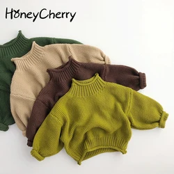 HoneyCherry jesień Retro dzianinowy sweter z golfem chłopcy dzianinowy jednolity kolor długi sweter z rękawem dziewczęcy sweter