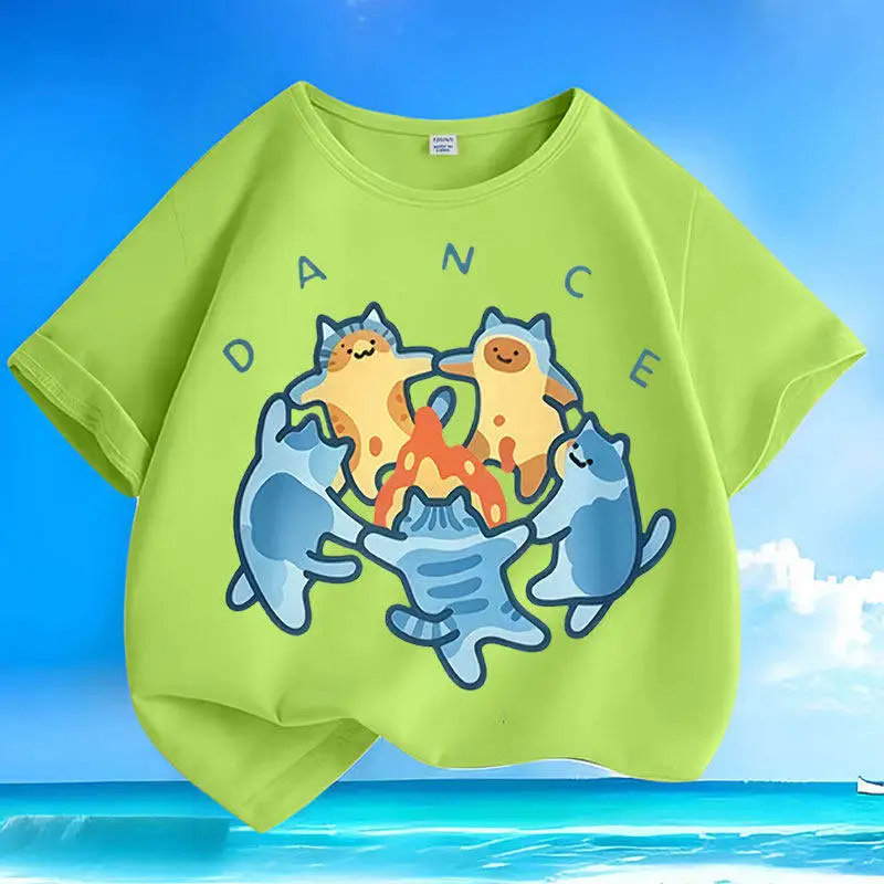 Cotton Summer  Cartoon Bonfire Cat Short Sleeve Men's and Women's Small and Medium Children's Round Neck Casual Parent Child Top