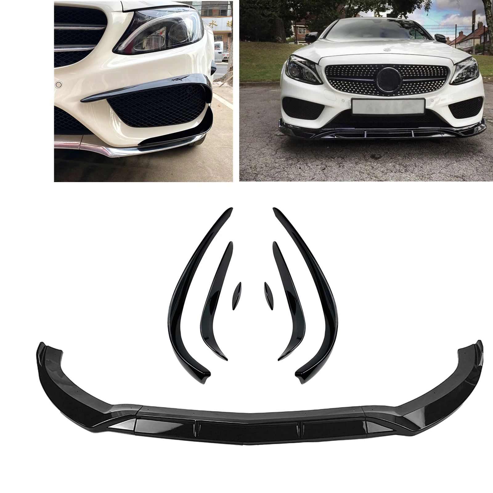 

For Mercedes Benz C Class W205 C180 C200 C260 C43 AMG 2015-2018 Sport Front Bumper Spoiler Lip+Side Air Vent Brow Splitter Trim