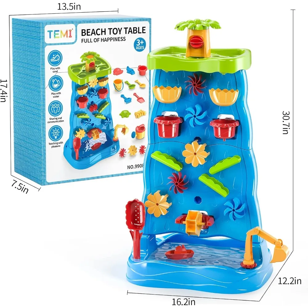 TEMI Kids Waterfall Water Table dla maluchów w wieku 3 4 5 6 7 8 lat, dwustronny stół z piaskiem wodnym dla chłopców i dziewczynek, na zewnątrz