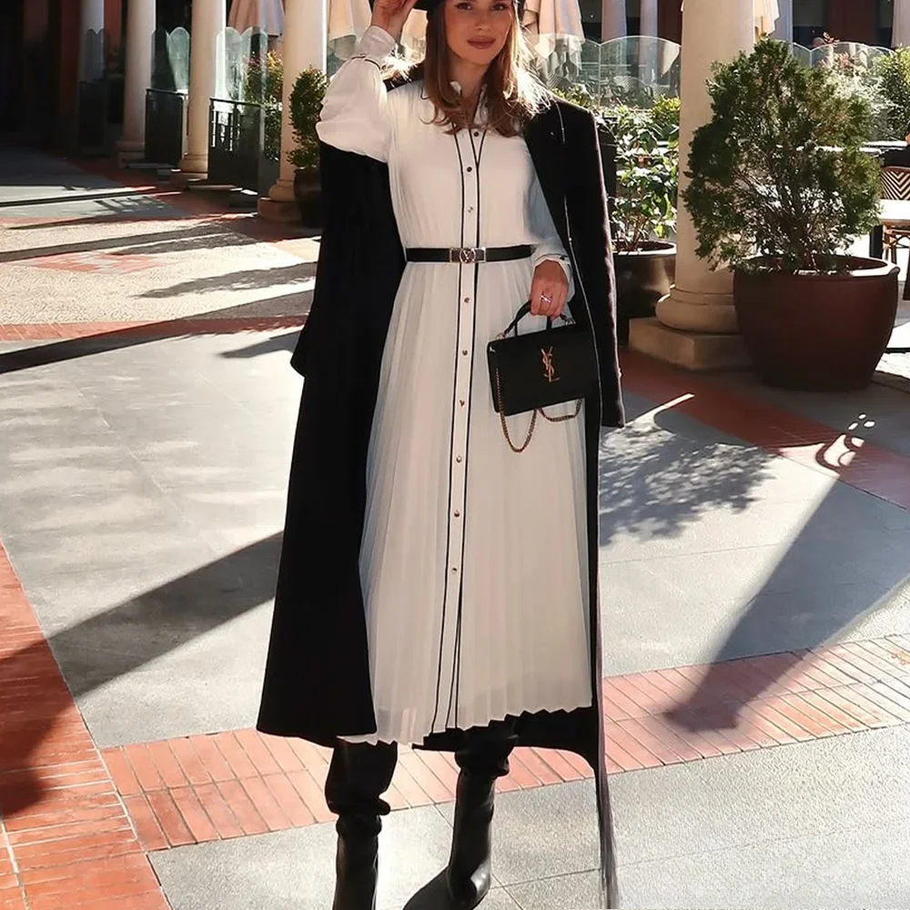 KONDALA-vestido camisero plisado elegante para mujer con cinturón vestido Midi nuevo 2025 primavera otoño moda fiesta fecha vestido largo para ir al trabajo