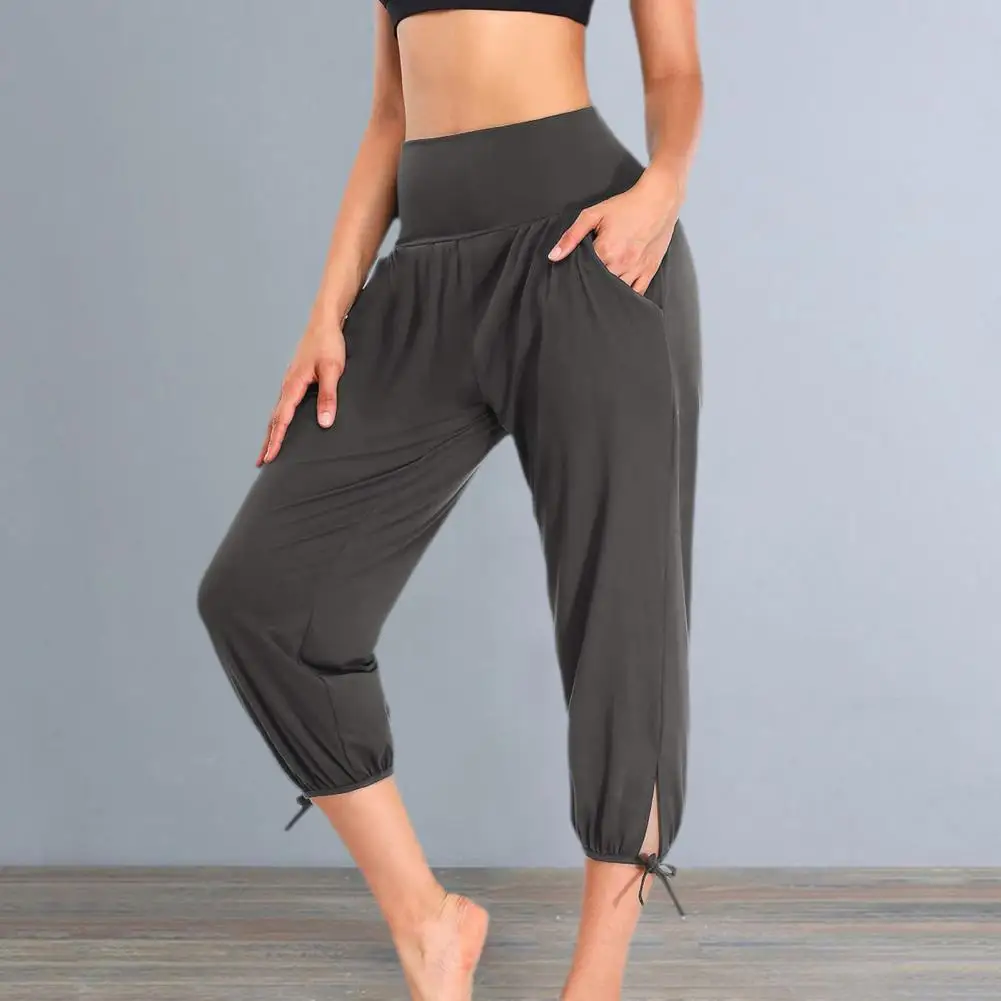 Women High Waist Cropped Pants High Waist Yoga Pants with Pockets Stretchy Sport Cropped Pants for Women Solid Color for Women