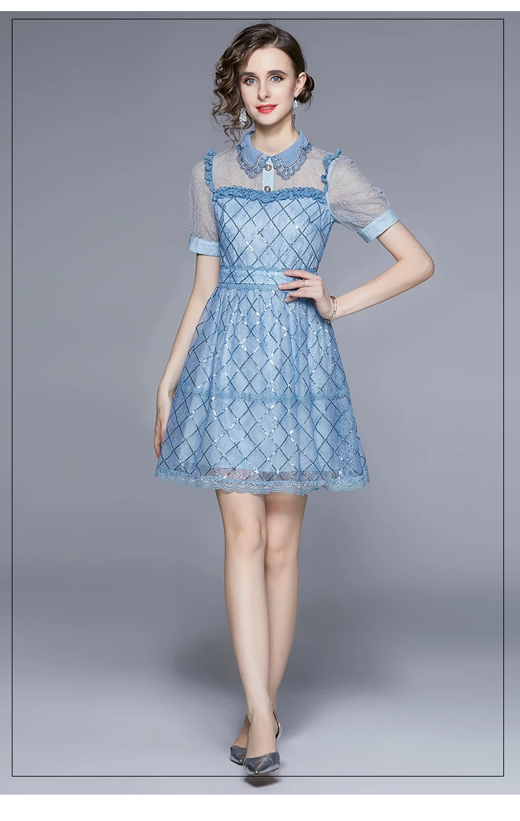 

WTIANYUW High Quality 2022 Summer Women Temperament Turn Down Collar Short Sleeve Sequined A Line Party Dress