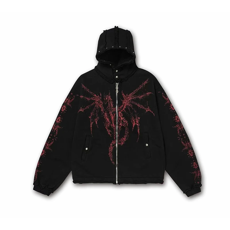 سترة Thug Club الجديدة ذات الوزن الثقيل المضلع بطباعة الشيطان الرصع المتعثرة كبيرة الحجم وأكمام طويلة وقلنسوة وسحاب #5