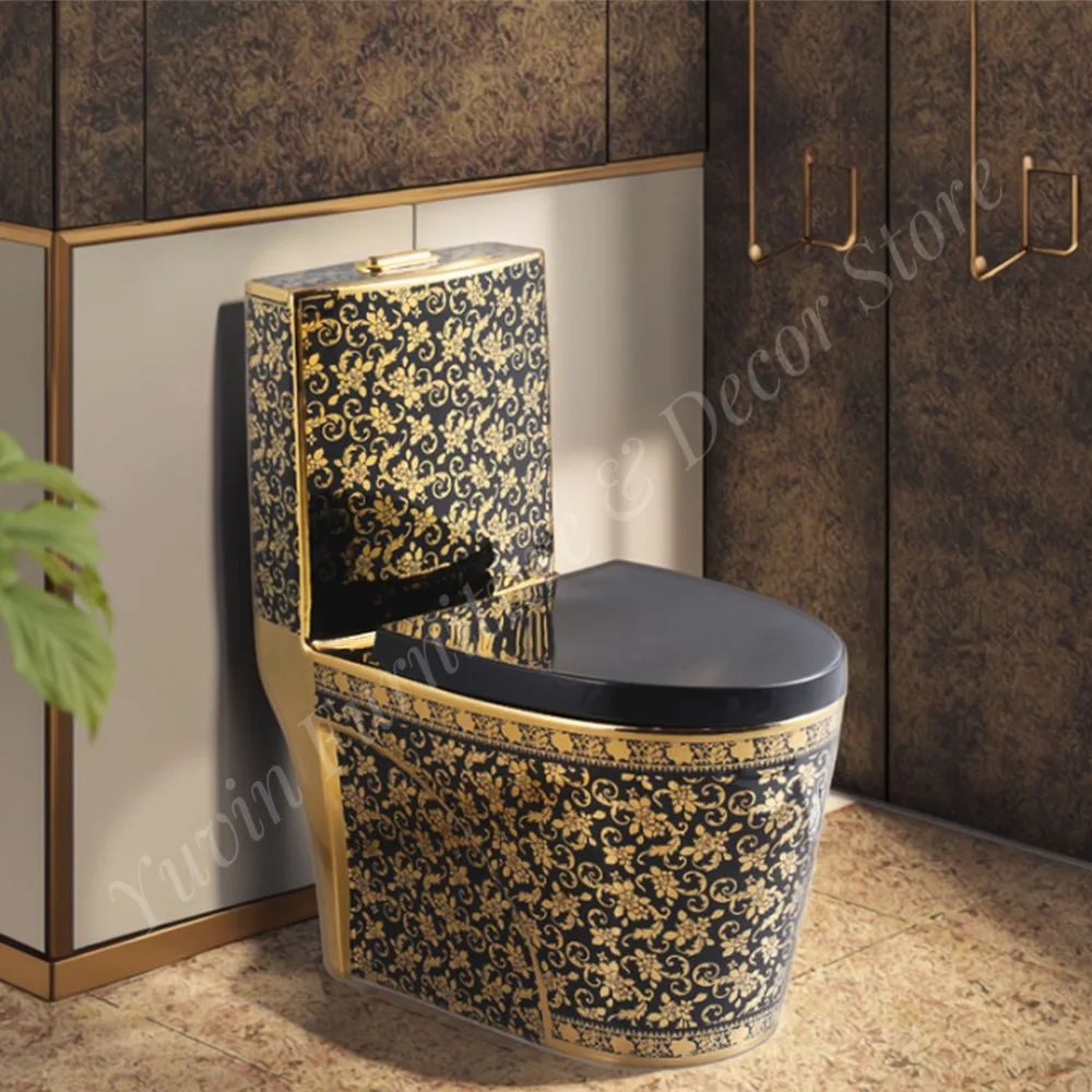 Luxury Modern One Piece Dual-Flush S-Trap Floor Mounted Black Gold Toilet Bowl with Ceramic Material