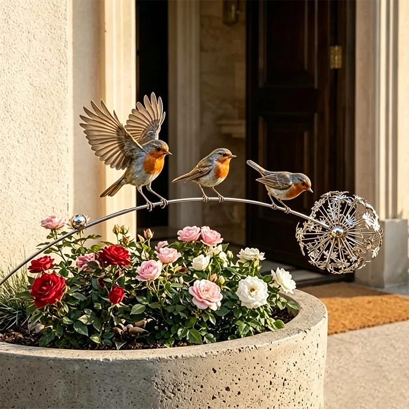 Metal Robin Bird Wind Spinner Garden Stake 3 Birds Dandelion Sculpture Yard Art Decor Outdoor Lawn Patio Flower Balcony Decor