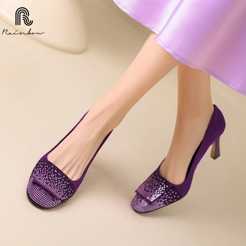 RAINBOW 33-40 New Luxury High Heels quality Genuine Leather Women 2025 Spring New Sexy comfort With Single Shoes Crystal Wedding