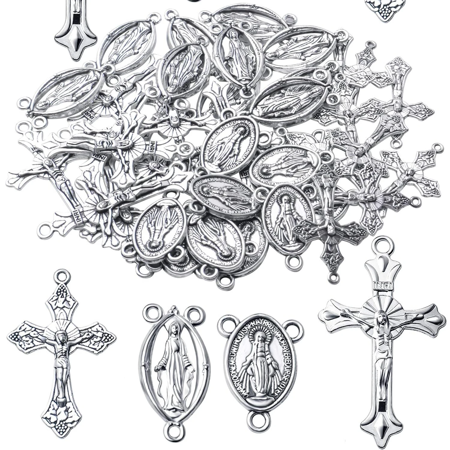 

40pcs Alloy Rosary Cross and Center Miraculous Jesus Maria Our Lady Crucifix Medal Charms Pendants for DIY Necklace Making