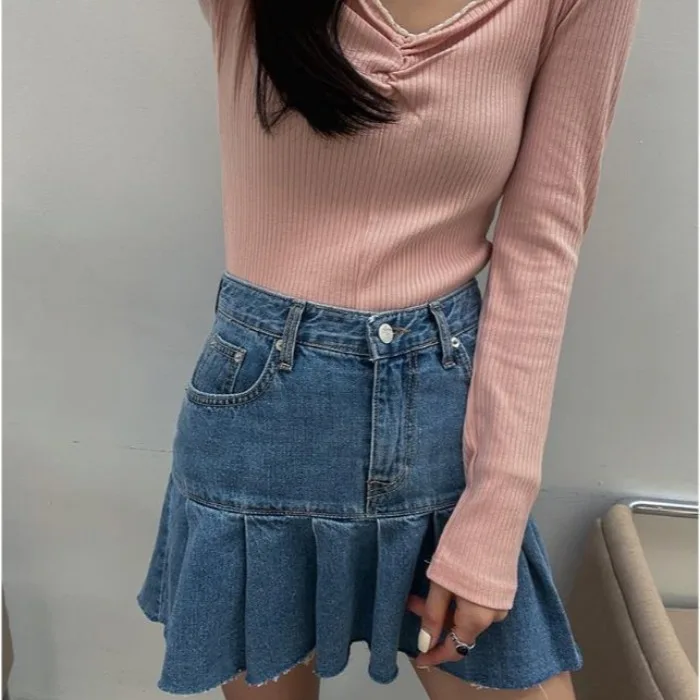 Korean Style Chic Casual Folded Denim Skirt Short with  Versatile High Waist Straight Cut Daily Wear Commute Skirt