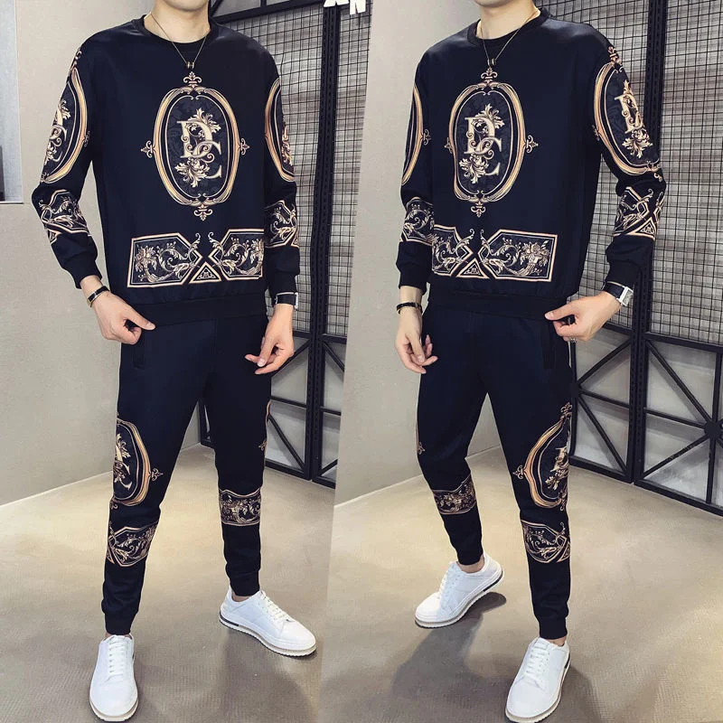 Quality High Luxury Printed Sweater Autumn Round Neck Sweater Suit 2022 New Fashion Match Sports Casual Two Piece Set Men