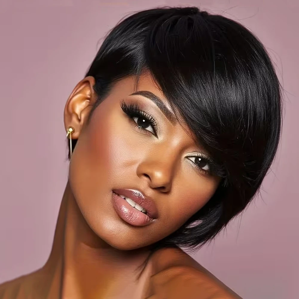 

Короткие парики в стиле пикси из натуральных человеческих волос с челкой, многослойные, машинной работы, натуральный черный цвет, для женщин