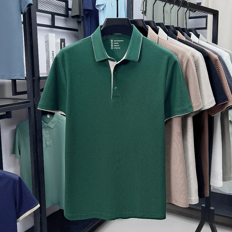 جودة عالية 100٪ قطن بلون قصير الأكمام قميص بولو زر فريد الرجال الصيف تنفس الراحة الملمس التلبيب تي شيرت