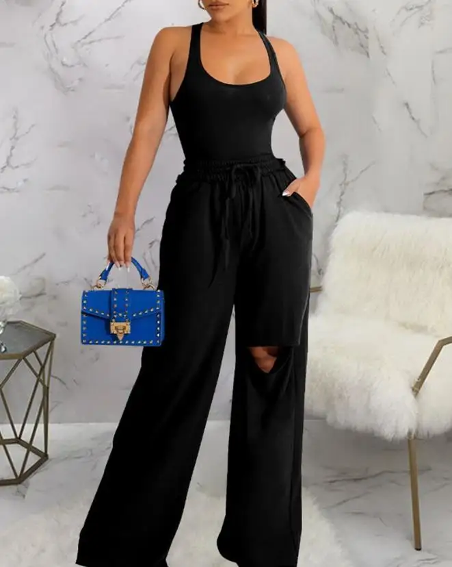 Casual Women's Two-Piece Summer U-Neck Vest Drawstring Hole Wide Leg Pants Long Pants Set 2024 Commuter Fashion Woman Clothes