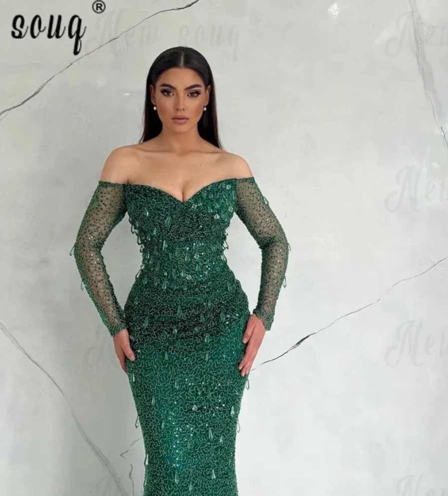 Chic Off Shoulder Long Sleeve Emerald Green Party Dresses Luxury Beaded Mermaid Long Prom Dresses Formal Occasion Dresses Arabic