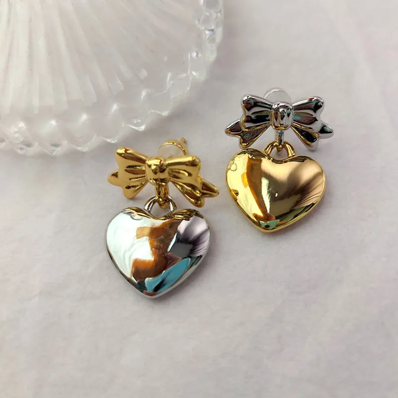 Two tones heart bowknot earrings for women cute kawaii minimalist earrings luxury designer jewelry 2023 new