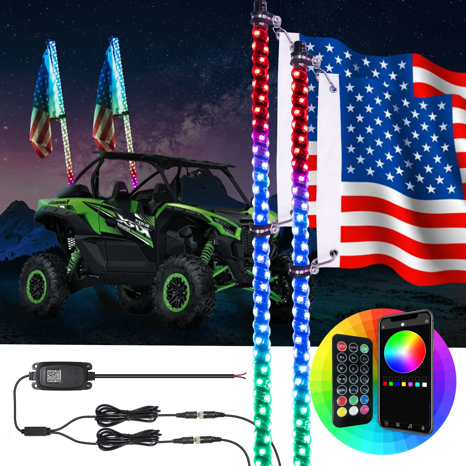 

2 шт., 4 фута, светодиодные фонари RGB, 360 градусов, спиральная погоня, светодиодный пульт дистанционного управления с указателем поворота и стоп-сигналом