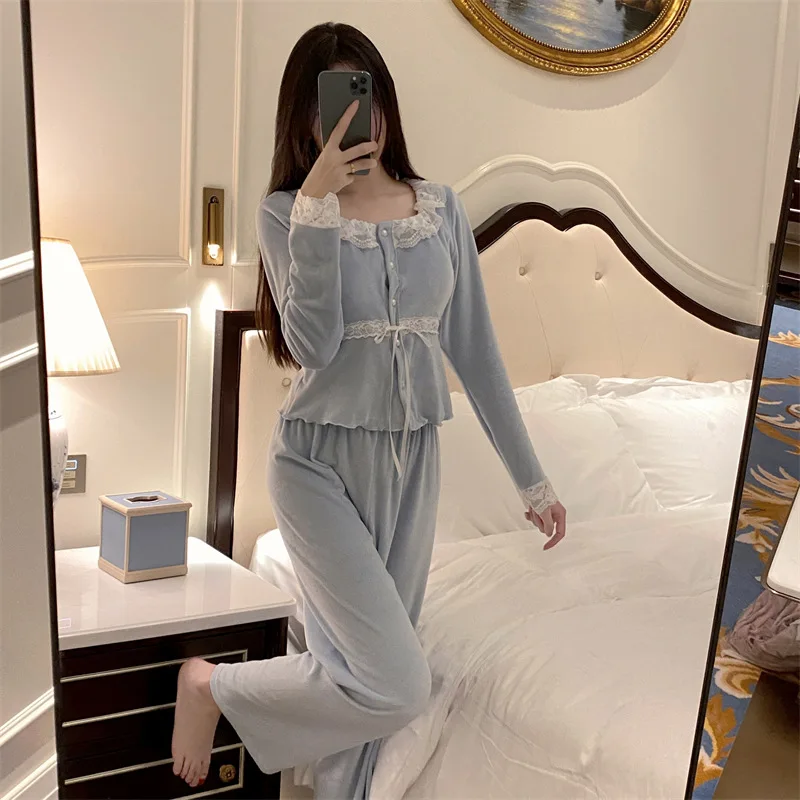 

Женский пижамный комплект из 2 предметов, осенне-зимний остров, бархатная одежда для сна, сексуальный французский кружевной пижамный костюм с длинными рукавами, свободная повседневная одежда для дома