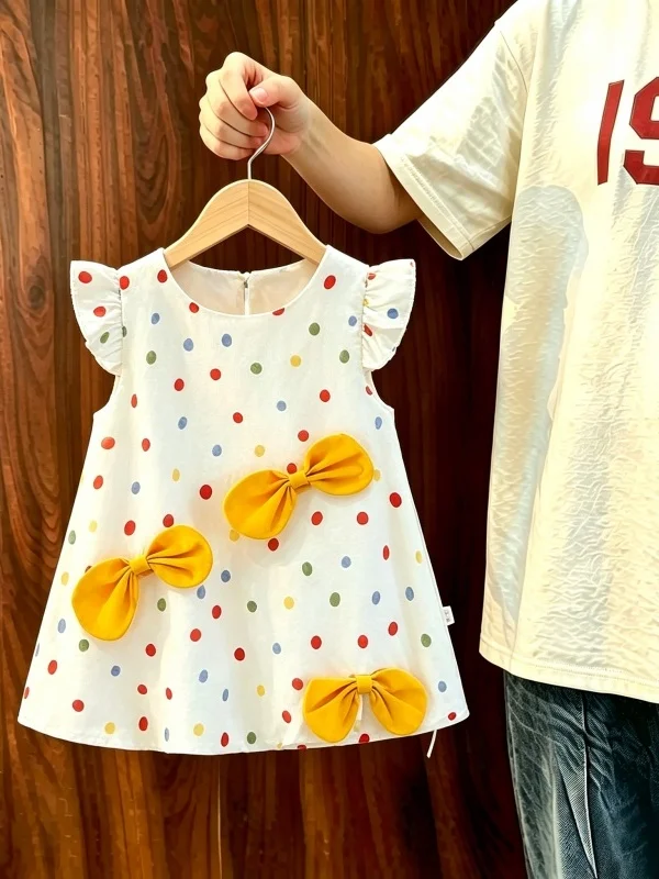 Vestido Infantil de Verão com Poás, Estilo Princesa, Sem Mangas, com Laço, Gola Redonda, Fechamento com Zíper, Manga Curta