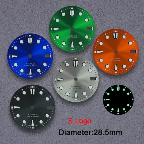 고품질 Nh35 다이얼 S 로고 28.5mm 시계 다이얼 NH35 NH36 무브먼트 시계 수정 액세서리에 대한 녹색 빛나는