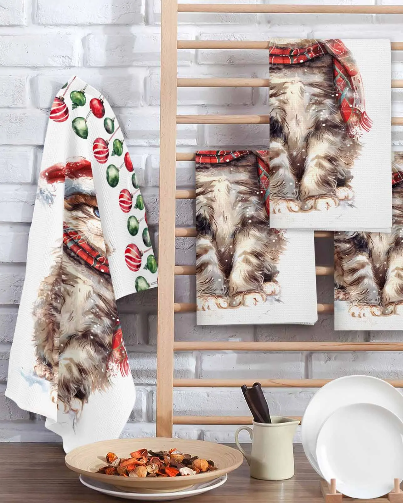 Cat Christmas Hat 30*30cm Waffle Microfiber Kitchen Towel Soft Cleaning Cloth Scouring Pad Wiping Rag