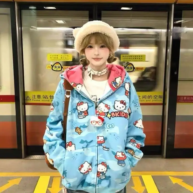 الكرتون مرحبا كيتي سستة مقنعين هوديي الخريف/الشتاء Kawaii أنيمي Y2K زوجين سترة سترة عسكرية فضفاض البلوز القماش #4