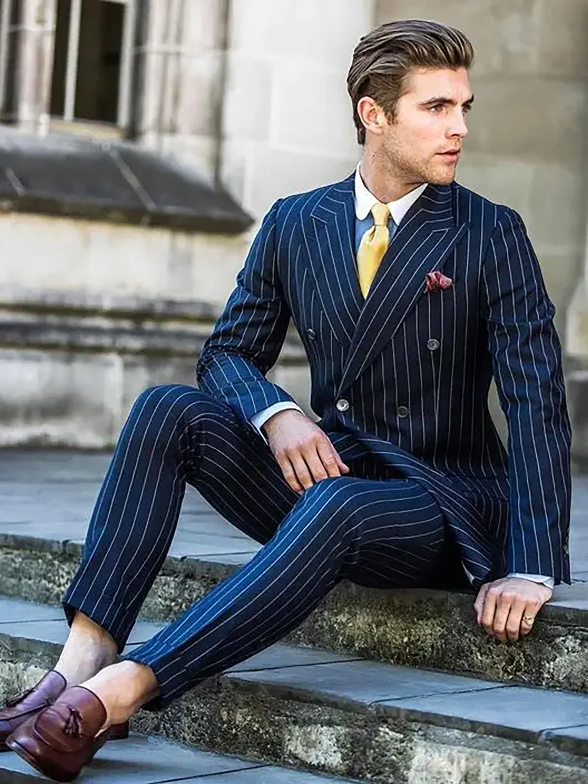 

Spring Stripe Navy Blue Suits for Men Slim Fit Peaked Lapel Double-Breasted Business Man Suit Set Trajes De Hombre Men Suits