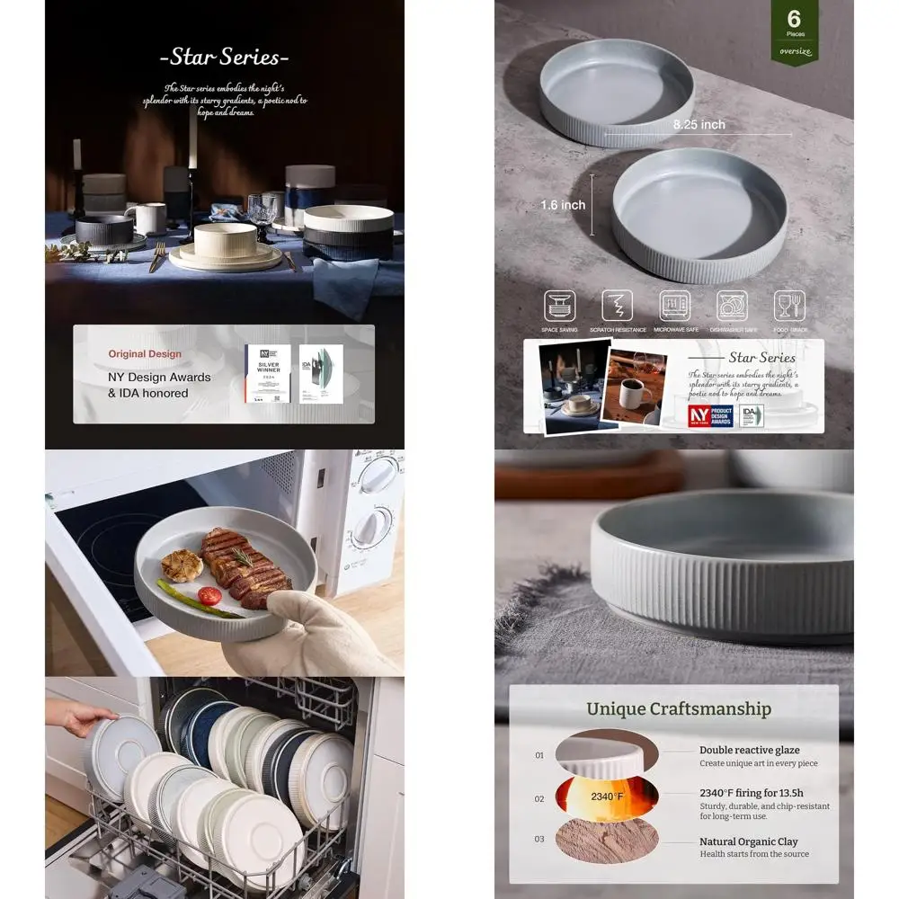 

8.25 Large Pasta Bowls Set of 6, Light Gray, Ideal for Dinner, Salad, and Casual Eating