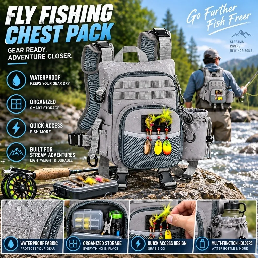 Lightweight Fly Fishing Chest Pack Waterproof Adjustable Fit Angler Gear Carrier Breathable Quick Release Fishing Tackle Pack