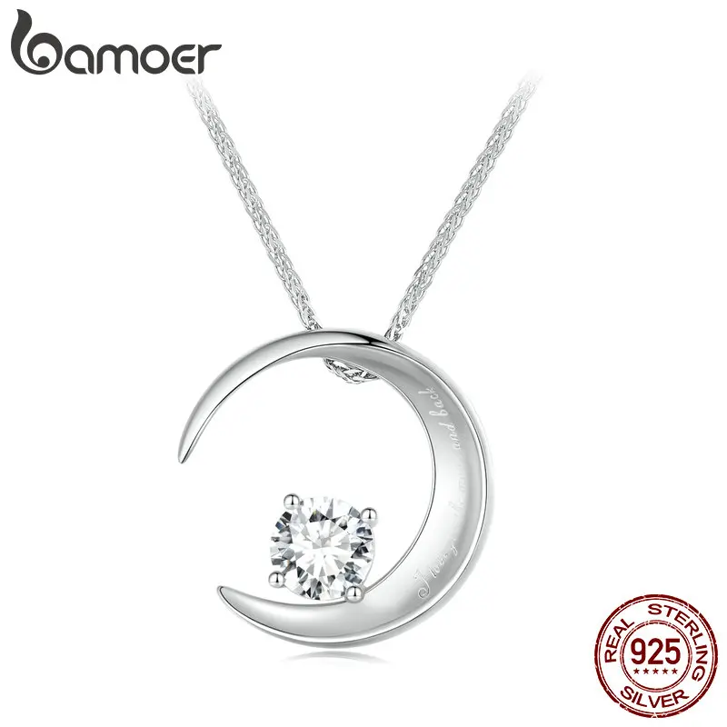 

Bamoer 925 Sterling Silver Moon Pendant Necklace Lettering Crescent Neck Chain for Women Anniversary Engagement Jewelry Gift