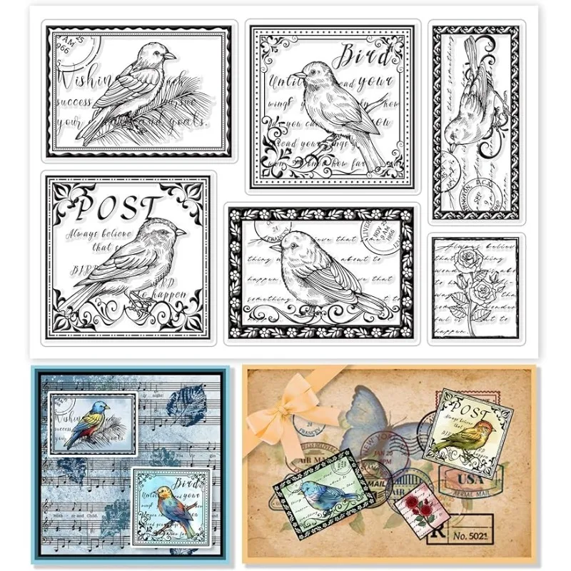 1 Sheet Vintage Birds Stamp Silicone Clear Stamp Flower Transparent Silicone Animal Stamp Rubber Stamp 4.3 x 6.3 Inch