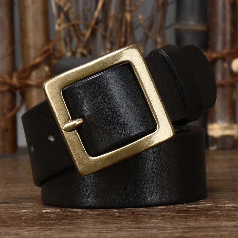 حزام جلد البقر النقي بعرض 3.8 سم وبسيط ولامع من جلد البقر النقي للرجال، مع مشبك جلدي، طراز جديد غير رسمي ومتعدد الاستخدامات