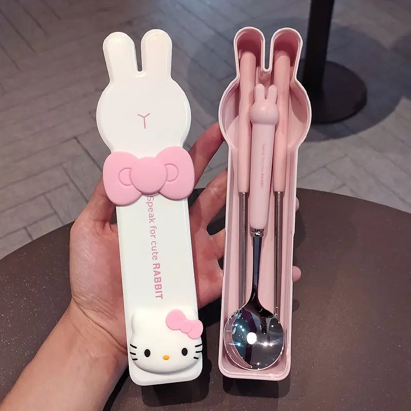 

Kawaii Sanrio Hello Kitty Dinnerware Set DIY Cute Cartoon Spoon Chopsticks Tableware Portable Cutlery Box Student Office Worker