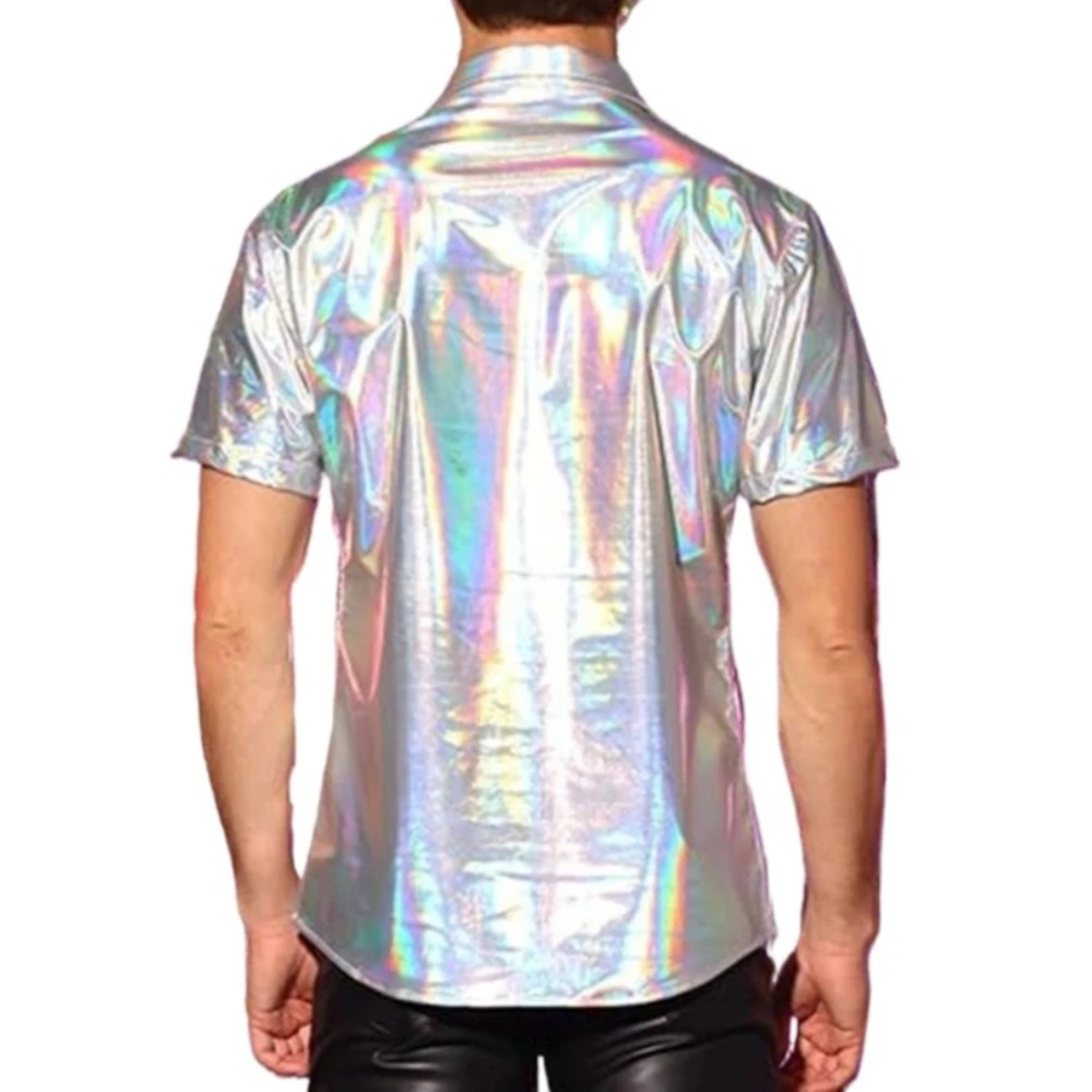 Men's 70s Disco Shirts Shiny Metallic Short Sleeve Button Down Dance Nightclub Party Costume Banquet Stage Performance Prom Tops