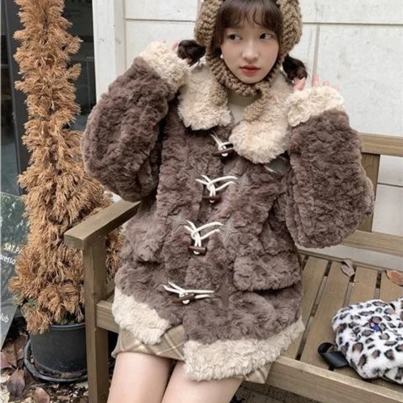 Vintage Y2k Thicken Lambwools Jackets Kawaii Warm Casual Loose Single-breasted Furry Coats Winter Chic Outwear Clothes for Women