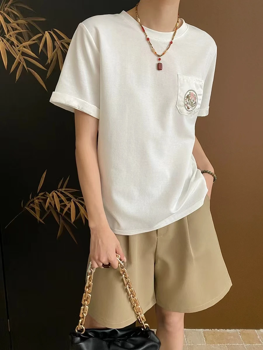 

New Chinese Light National Style Heavy Industry Pocket Jacquard Embroidery Design Feeling Round Neck Short Sleeve T-shirt