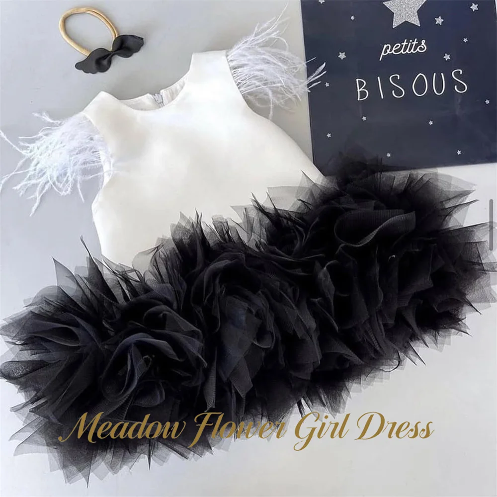 Meadow Black and White Contrast First Communion Gown Round Neck Girls Princess Dress Short Sleeve Evening Party Dress for Girls