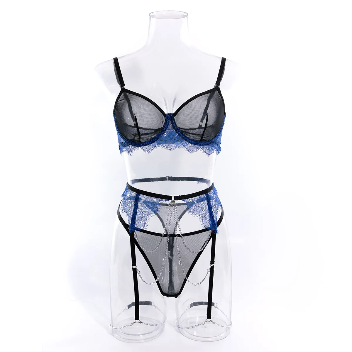 New Sexy Erotic Color Block Mesh Patchwork 3 Piece Set Featuring Sensual Chained Design Alluring Push Up Sensual Lingerie Set