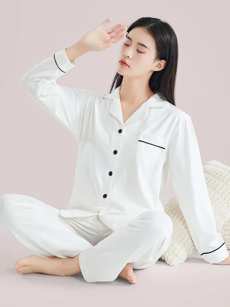 Cotton Pajamas for Women Full Sleeves Soild White Pijama Mujer Invier  Nightwear Fine Cotton Sleepwear Pyjama Femme PJ Set