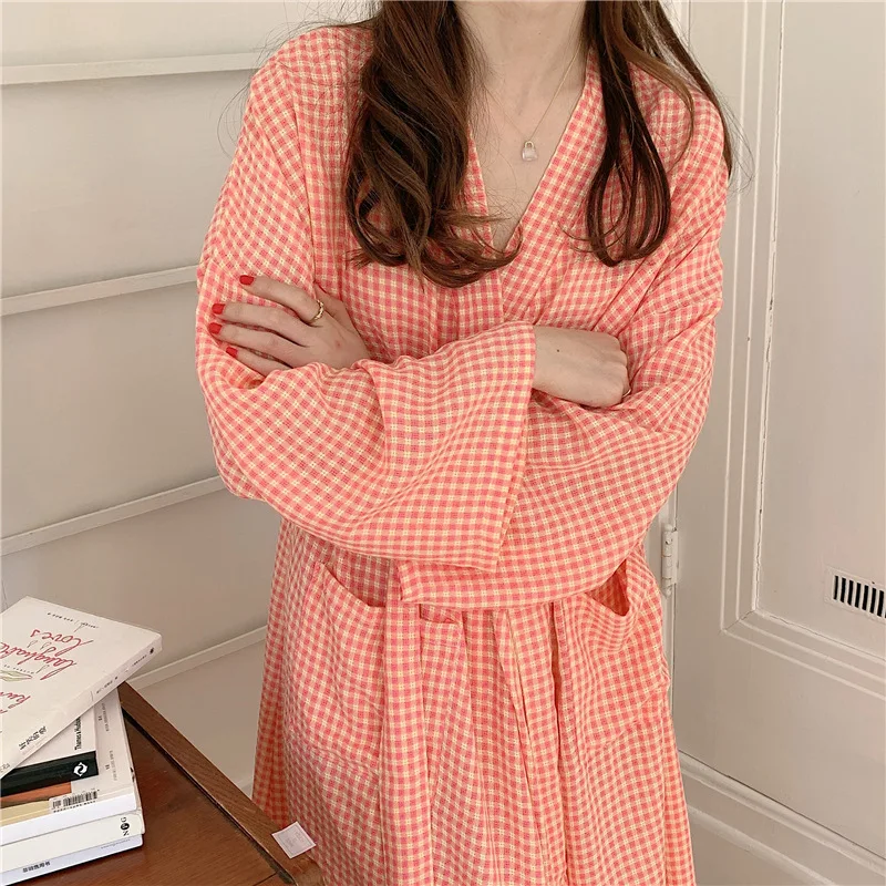 Vintage Plaid Cotton Women\'S Dress Casual Loose Long Sleeve Bandage Lace Up Female Dress Pajama Robe Homewear