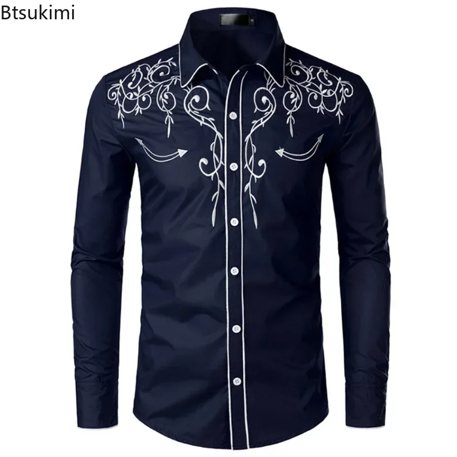 2025 Men's Fashion Embroidered Shirt Western Style Club Party Wedding Long Sleeve Shirts for Men Lapel Single -breasted Shirt