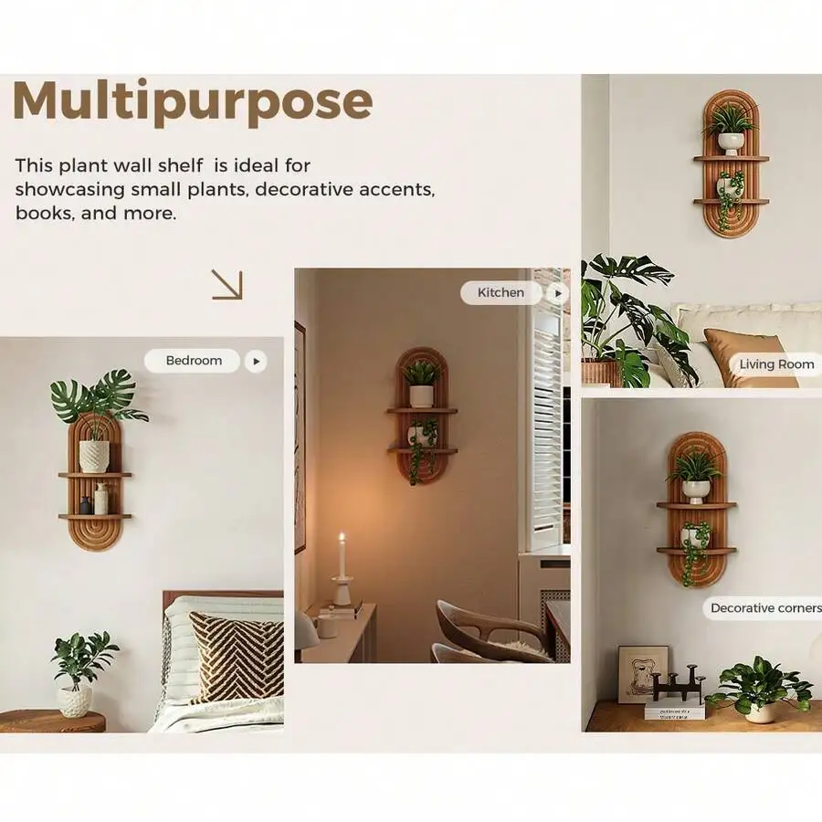 Boho Wall Decor Brown Plant Wall Shelf, Mid Century Modern Decor Hanging Plant Shelf, 2-Tier Wooden Floating Shelves For Home, Bathroom Bedroom Living Room, Office Holding Planter Decoration