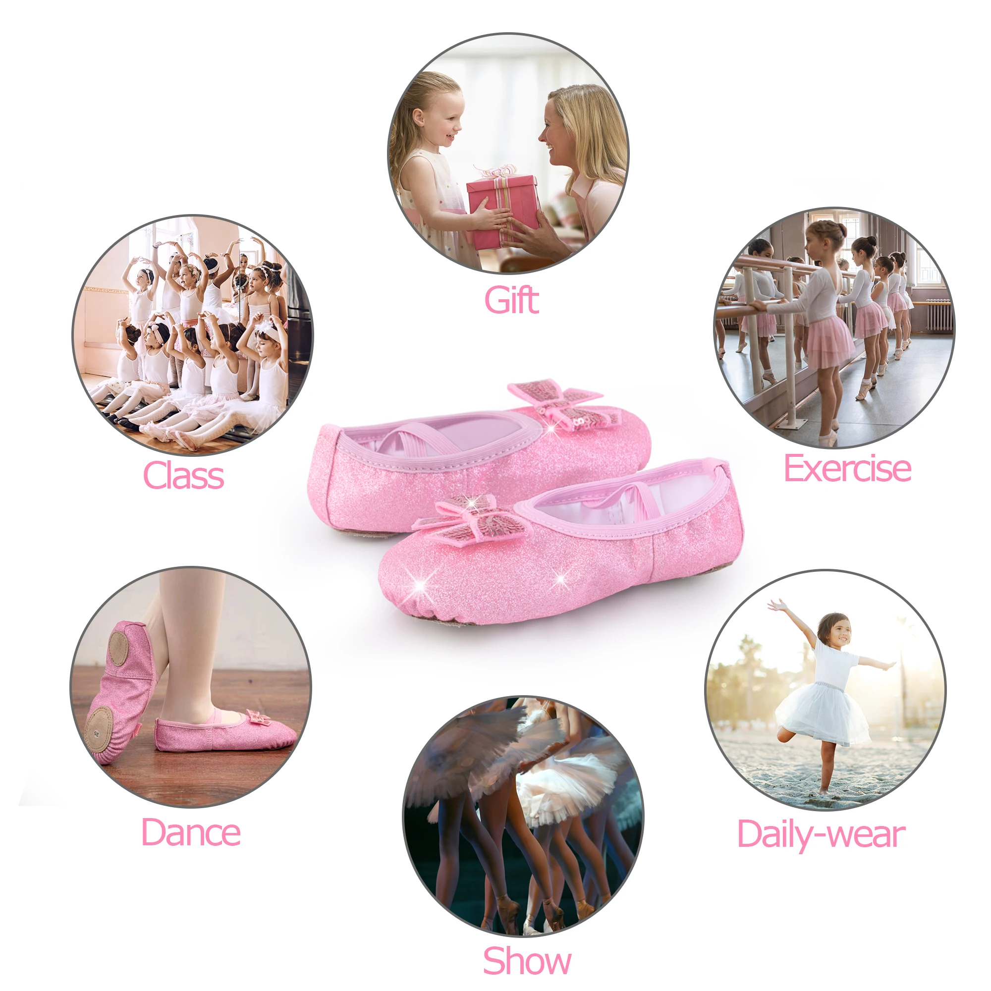 2 paia di scarpe da balletto con suola divisa e glitterate, scarpe da balletto morbide e traspiranti per ragazze, bambini/bambini con fiocco