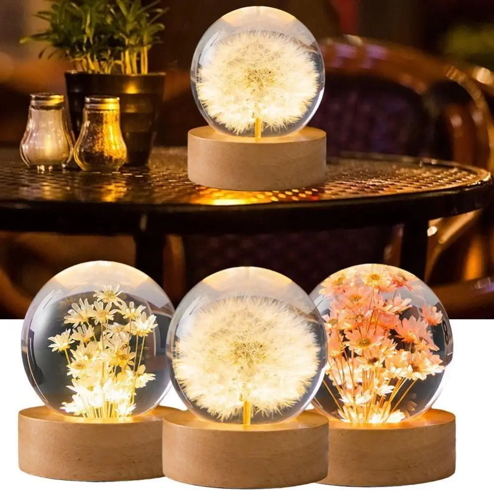 Lámpara de noche de flores eternas para decoración de dormitorio, Base iluminada de madera, bola de cristal, redonda, decoración del hogar