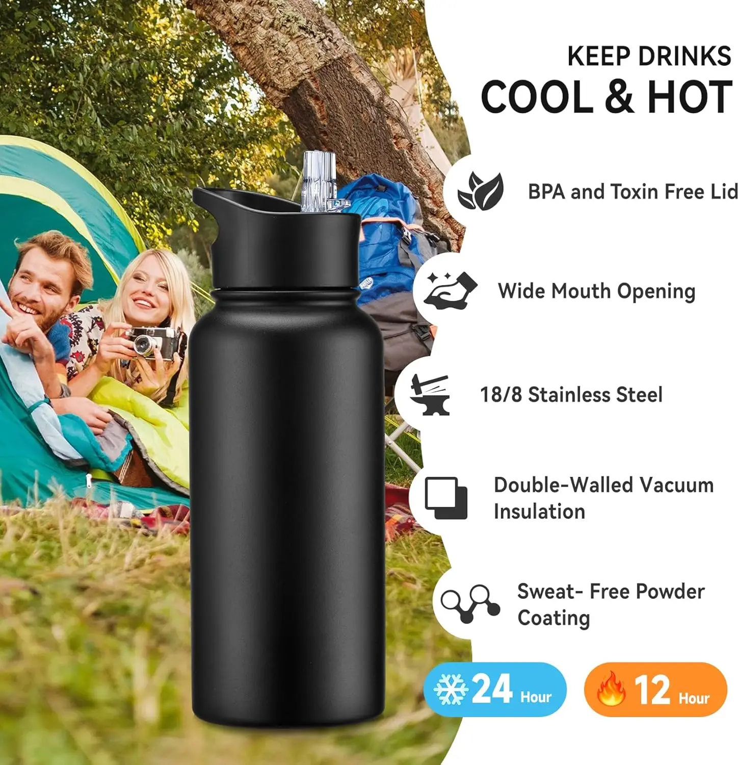 Insulated Stainless Steel Water Bottle with Straw and Spout Lid Leak Proof Double Wall Vacuum Sports Water Bottles for Gym