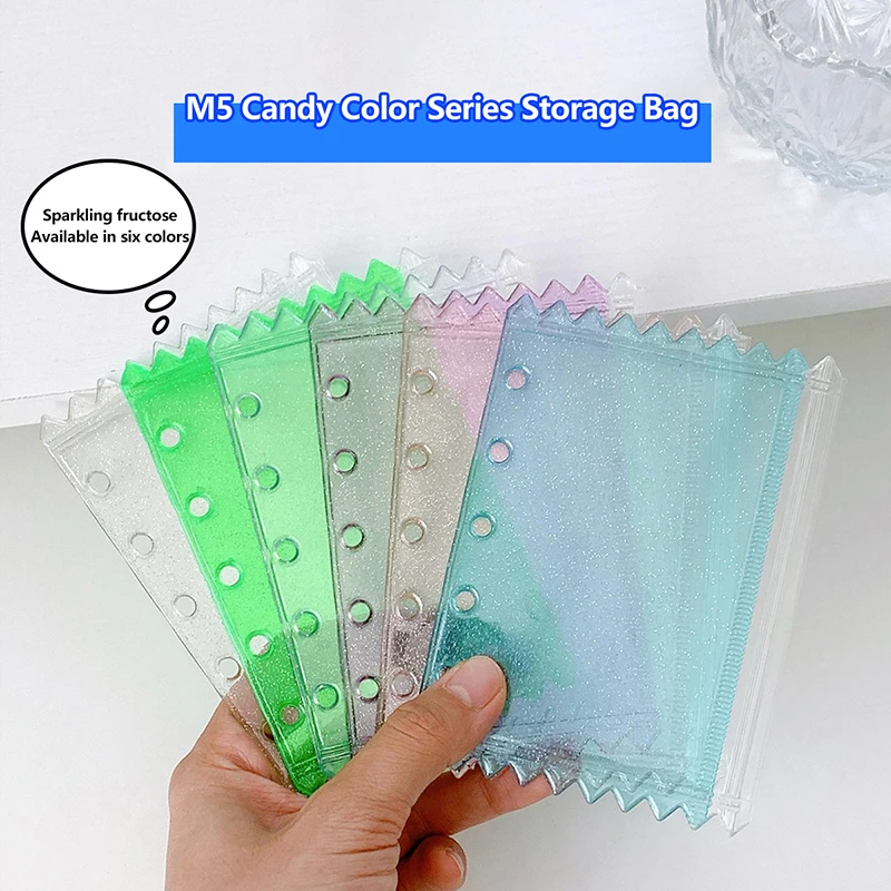 M5 ห้าหลุมหลวมผู้ถือบัตรกรณี PVC โปร่งใส Glitter กระเป๋า Note Book ฝาครอบด้านใน